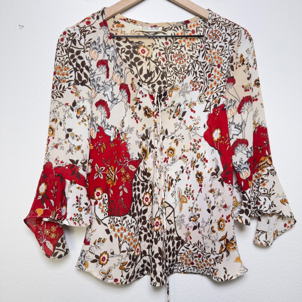 VTG 90s Women Fairy Grunge Boho Top Large Patchwork Western Bell‎ Flare Sleeve